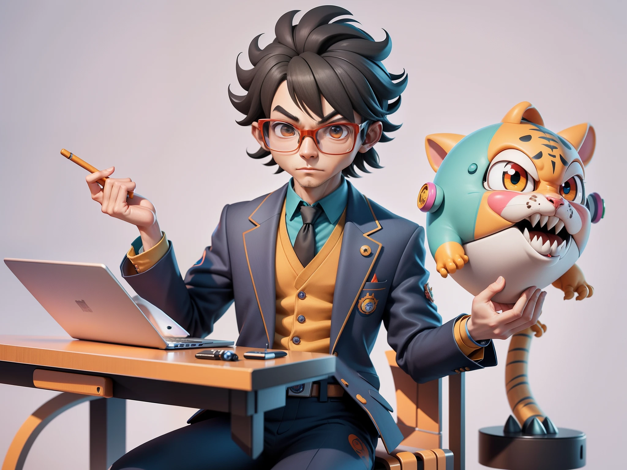 A young man in a suit, Short hair and glasses sat at his desk,holding laptop,digitial painting,tigre,3D character design by Mark Clairen and Pixar and Hayao Miyazaki and Akira Toriyama,4K HD illustration,Very detailed facial features and cartoon-style visuals。