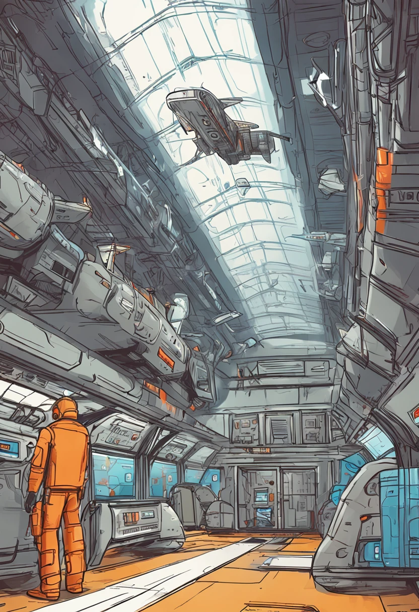 Airplane hall SciFi for deliverers and parcels and robots on a ship