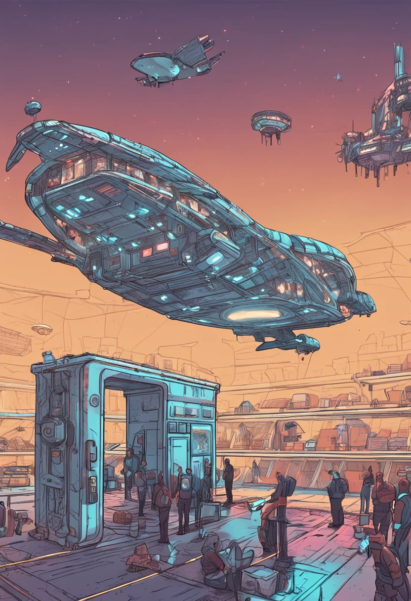 Airplane hall SciFi for deliverers and parcels and robots on a ship