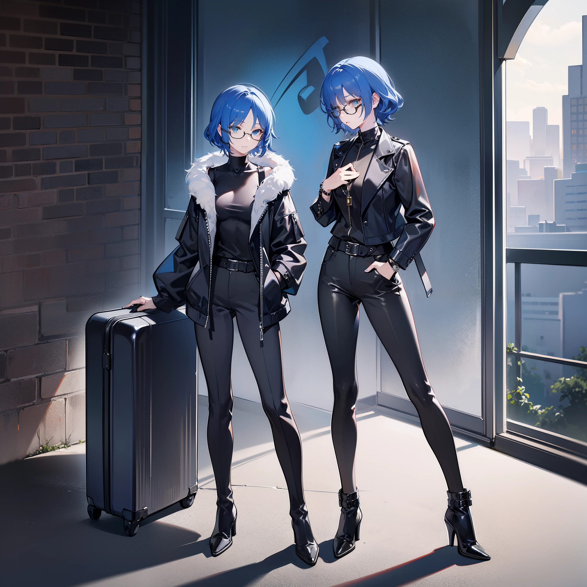 History reference：Nowadays
gender：woman
Description of appearance：Women around 20 years old，short-hair、blue hairs，Dyed blue，wearing black glasses，wearing a black leather jacket，Wearing skinny black pants and black leather boots，Mrs.々Wearing silver ornaments，A blue bracelet is worn on the wrist。