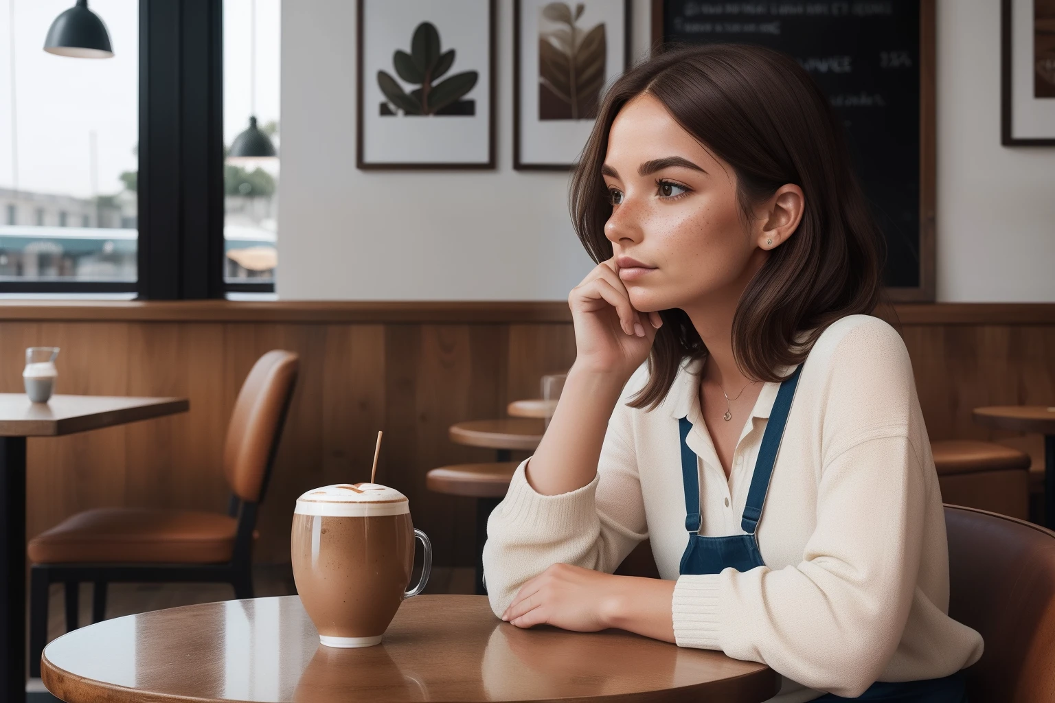 In a stylish cafe, an adult with a smattering of freckles across their olive-toned skin sits alone with a cup of coffee, their face a canvas of quiet contemplation and solitude, framed by tousled chestnut hair.