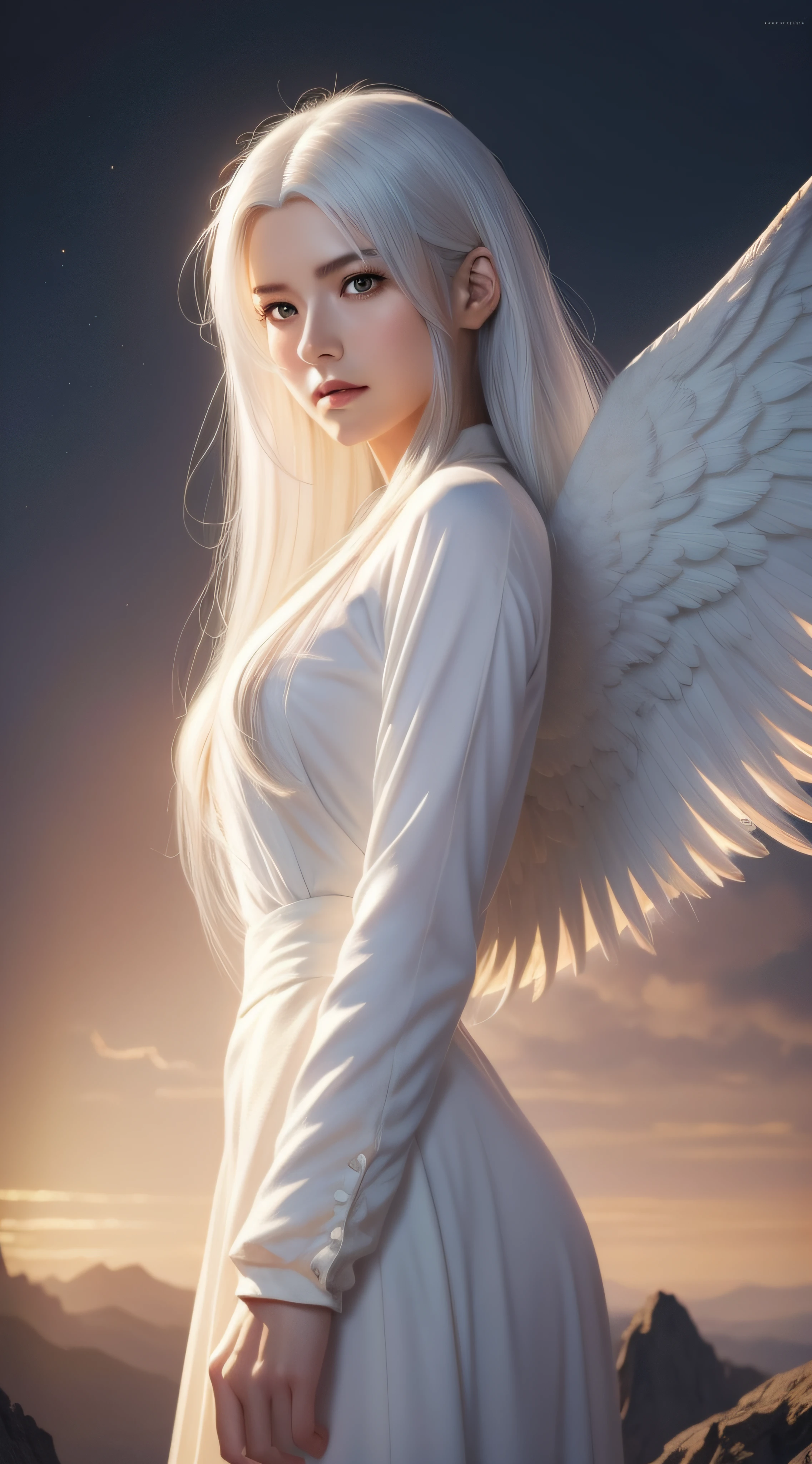 illustration by wlop, oil painting, heaven background, 1girl, fighting_stance, white hair, golden eyes, long hair, halo, angel wings, serene expression, looking at viewer, pixiv, masterpiece, best quality, extremely detailed, 8k