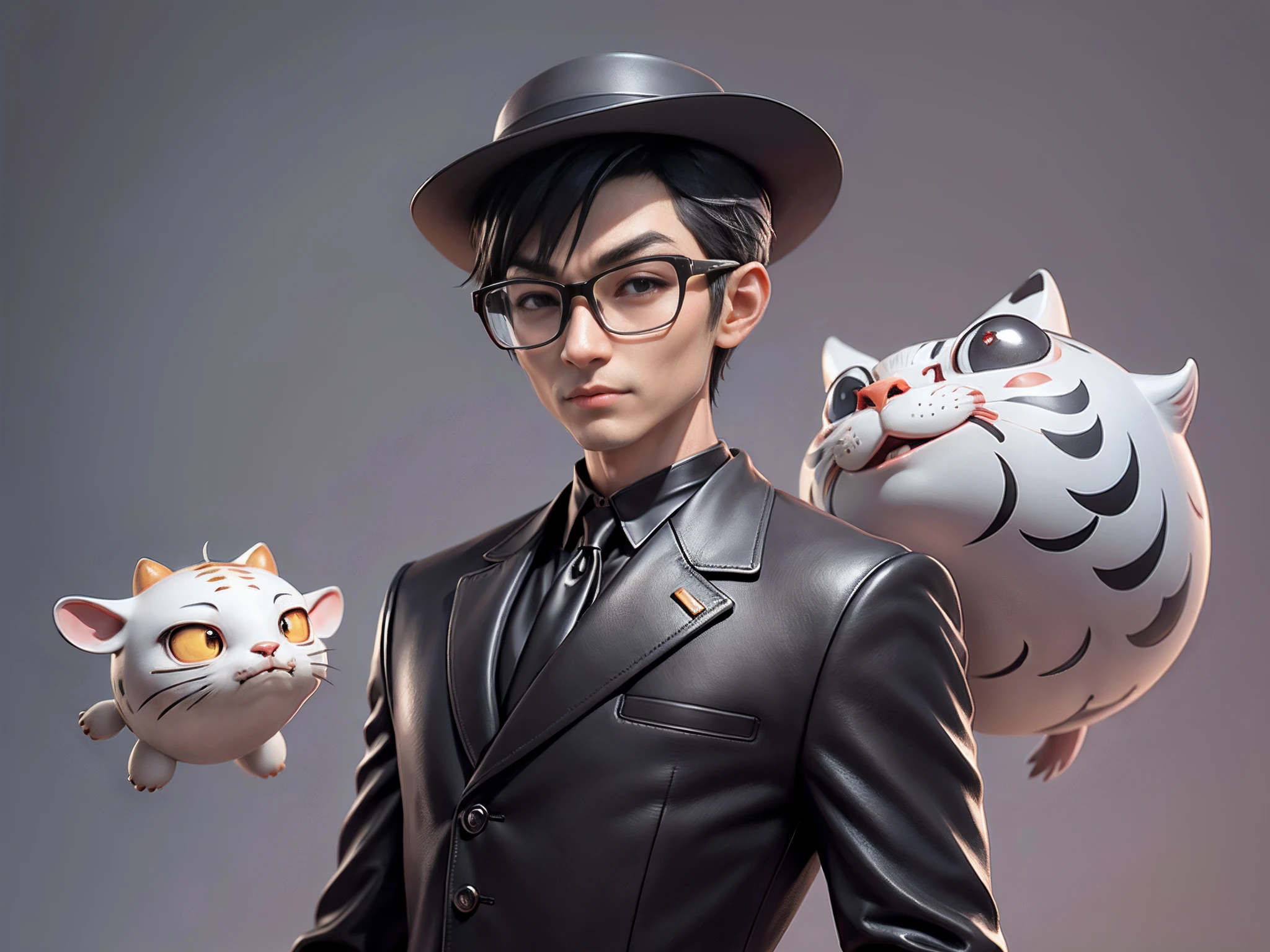 Young man with oriental face in leather hat, tiger, oriental face in formal suit, short black hair, silver glasses, digital painting, 3D character design by Mark Clairedon and Pixar and Hayao Miyazaki and Akira Toriyama, the illustration is a high-definition illustration in 4K resolution with very detailed facial features and cartoon-style visuals.