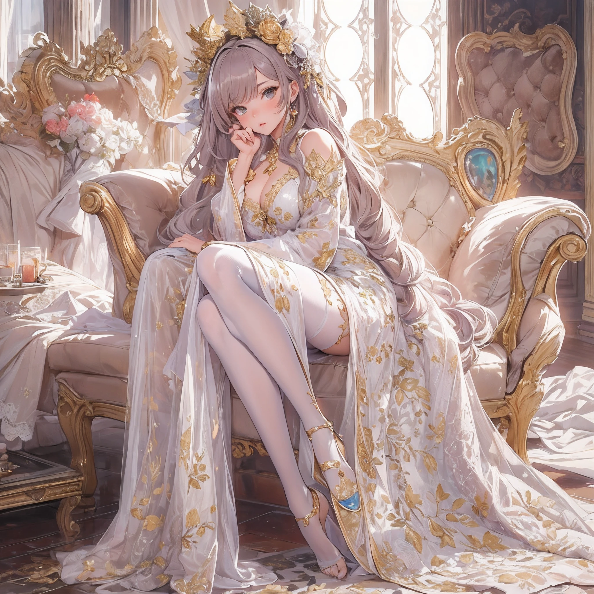 ((Masterpiece, Highest quality)), Detailed face, CharacterDesignSheet，full bodyesbian, Full of details, Multiple poses and expressions, Highly detailed, Depth, beuaty girl，Lace，lacepantyhose, High Balance, Sun pattern，Natural light，White and gold，wears a long robe