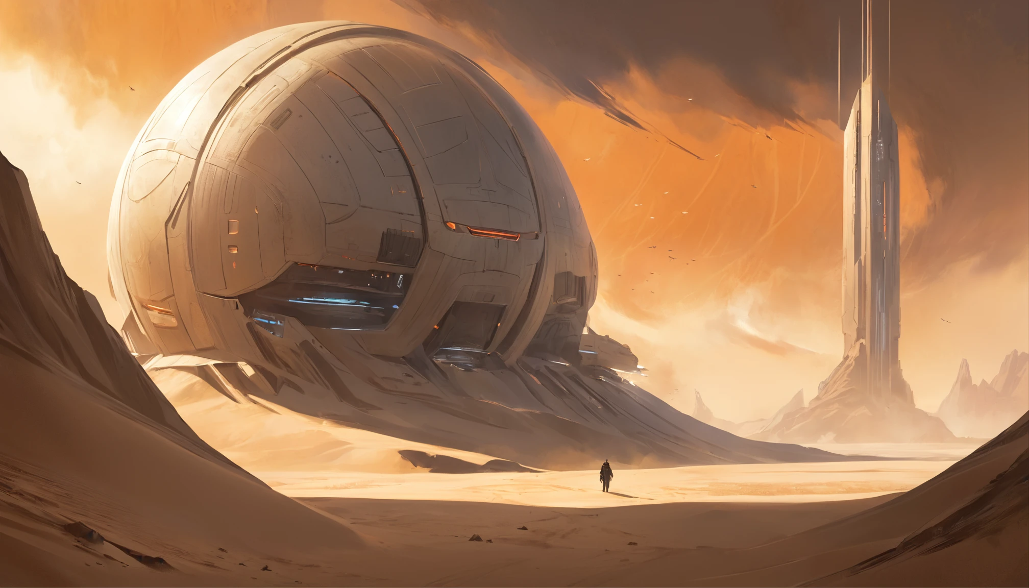 Dune concept art，Clean and neat tones，Sci-fi base scene，Huge scene，Square-shaped complex，Soviet aesthetic architecture，huge buildings，There are many ships in the air，Size contrast，crowd of，Soldiers versus soldiers，Big scenes of war，smog，epic concept art，Fine 8K，vray，Wasteland Science Fiction