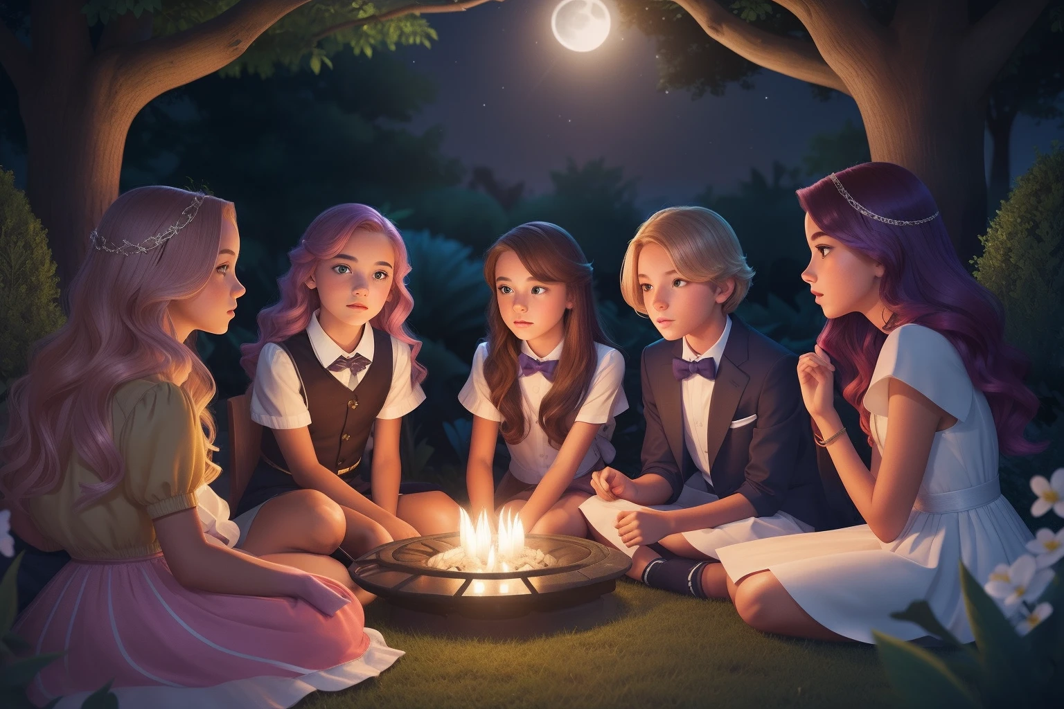 A group of tens and teenagers, impeccably dressed, with a variety of hair colors and styles, share secrets and gossip during a clandestine midnight meeting in an elegant, moonlit garden, their faces alight with intrigue.