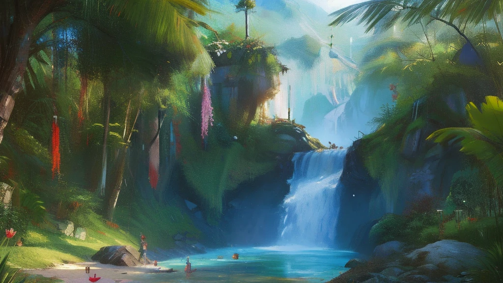 oil painted,Oil paints,鸟山明风格,Game scene design,(a paradise:1.4),