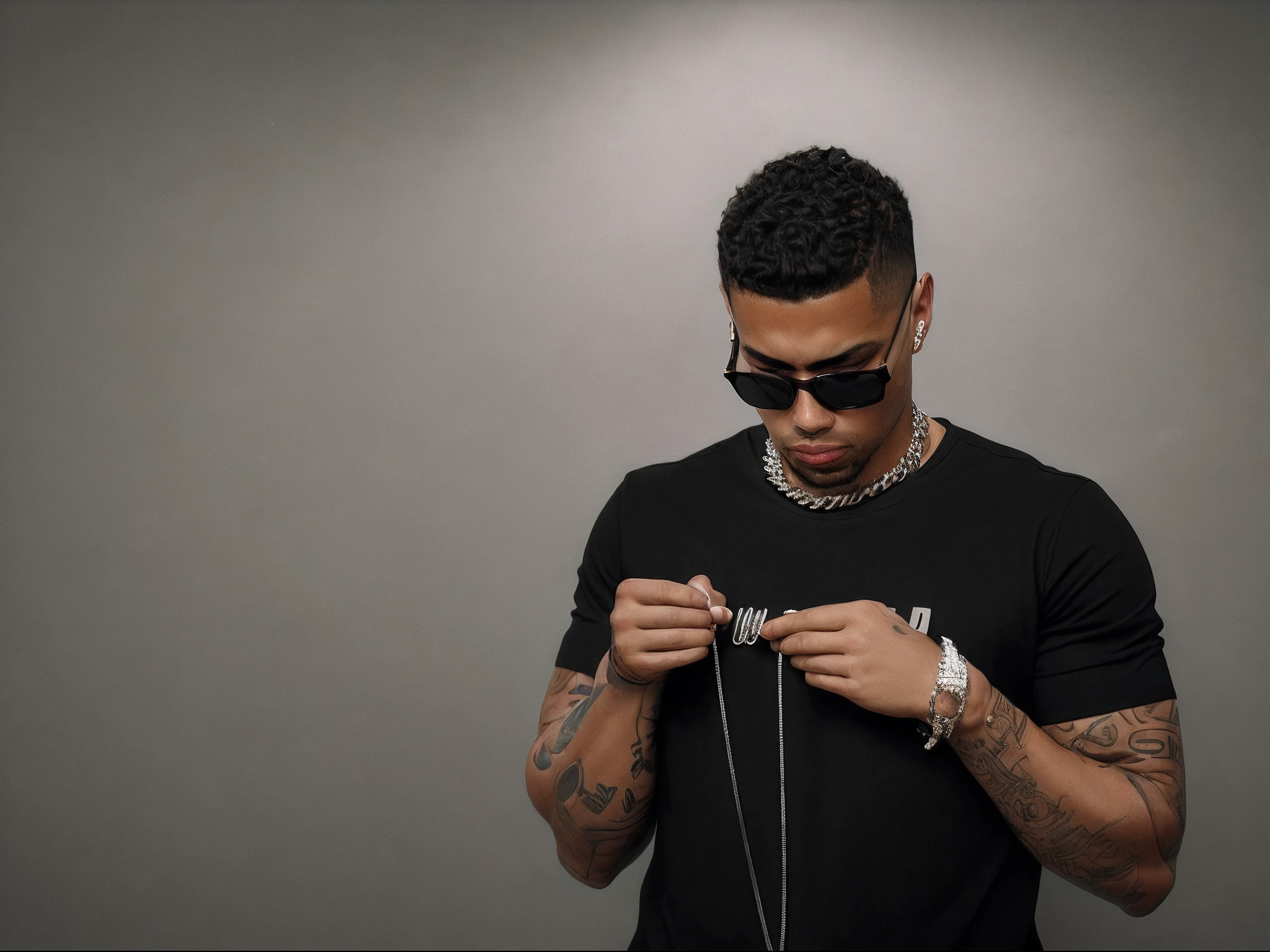 Araffe, a man in a black shirt and sunglasses tying a silver chain;, Coelho ruim, Dr. Zeus, teddy fresh, joias rapper, silver neck chains, usando correntes, Dimly - Iluminado, outlive streetwear collection, demobaza, arte oficial, mal iluminado, Carlos Gustavo, photo shoot, Sul, baixo fi-fi, Ronaldo Nazario, usando uma corrente de prata, tattoo written boxtwo on the arm, Render in 3D animation, qualidade 4k