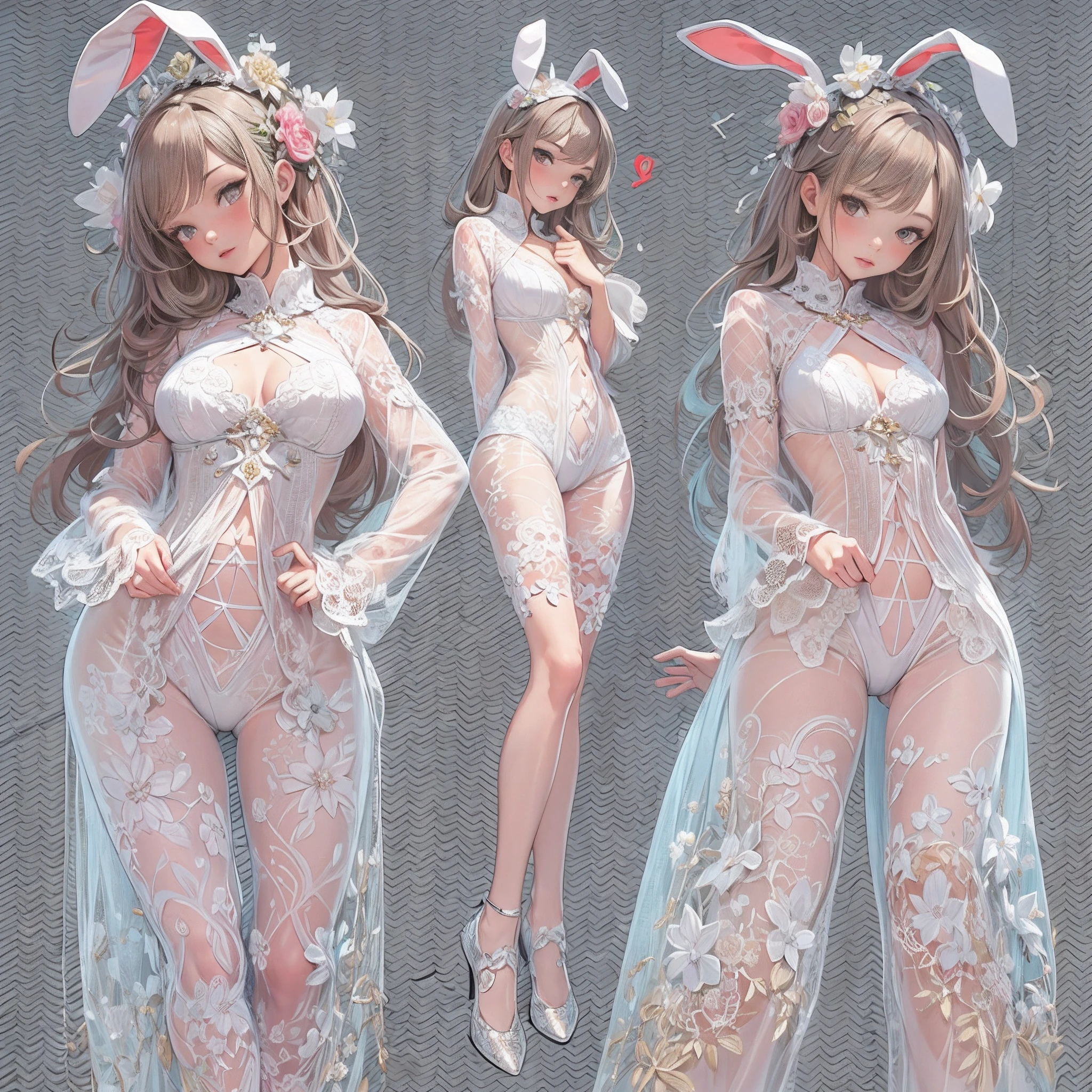 ((Masterpiece, Highest quality)), Detailed face, CharacterDesignSheet,full bodyesbian, Full of details, Multiple poses and expressions, Highly detailed, Depth, beuaty girl,Lace outfit,lacepantyhose, High Balance, Sun pattern,Natural light,Wear a bunny suit