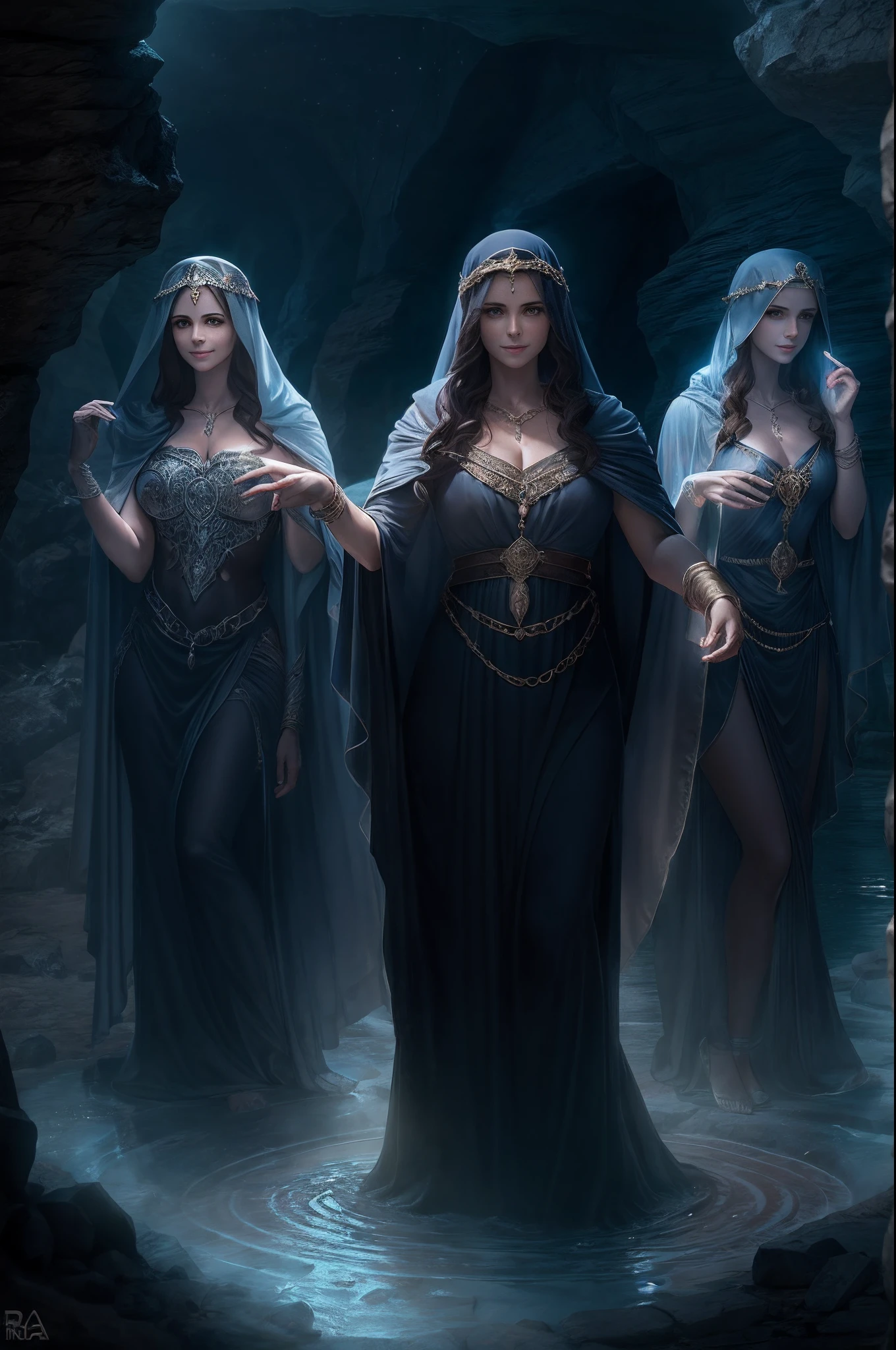 three greek goddess of fate, pale skinned, in dark robe and veil, smiling eerily, dark and stony cavern, fountain of night, Greek Mythology, ominous atmosphere, ultrra-accurate description of hands, photorealistic, super detail, masterpiece, best quality, highres, 8k