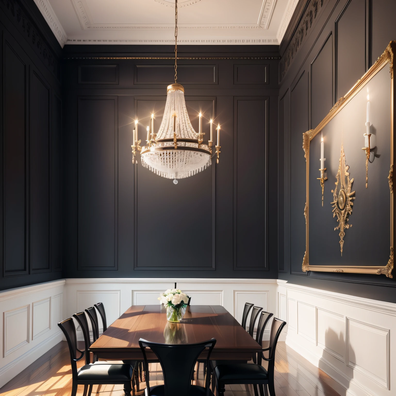 black dining room with CROWN MOLDING & WAINSCOTING