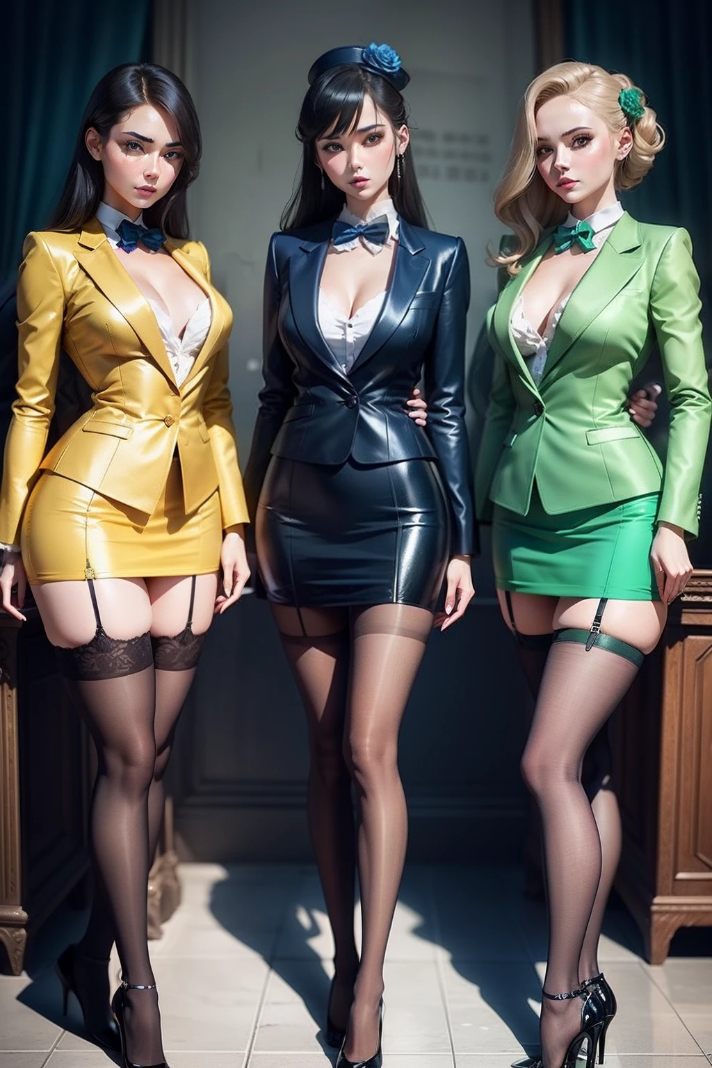 Generate a picture，There are four beauties in the picture，Wear suits and stockings，The color of the clothes is yellow, green, blue and violet