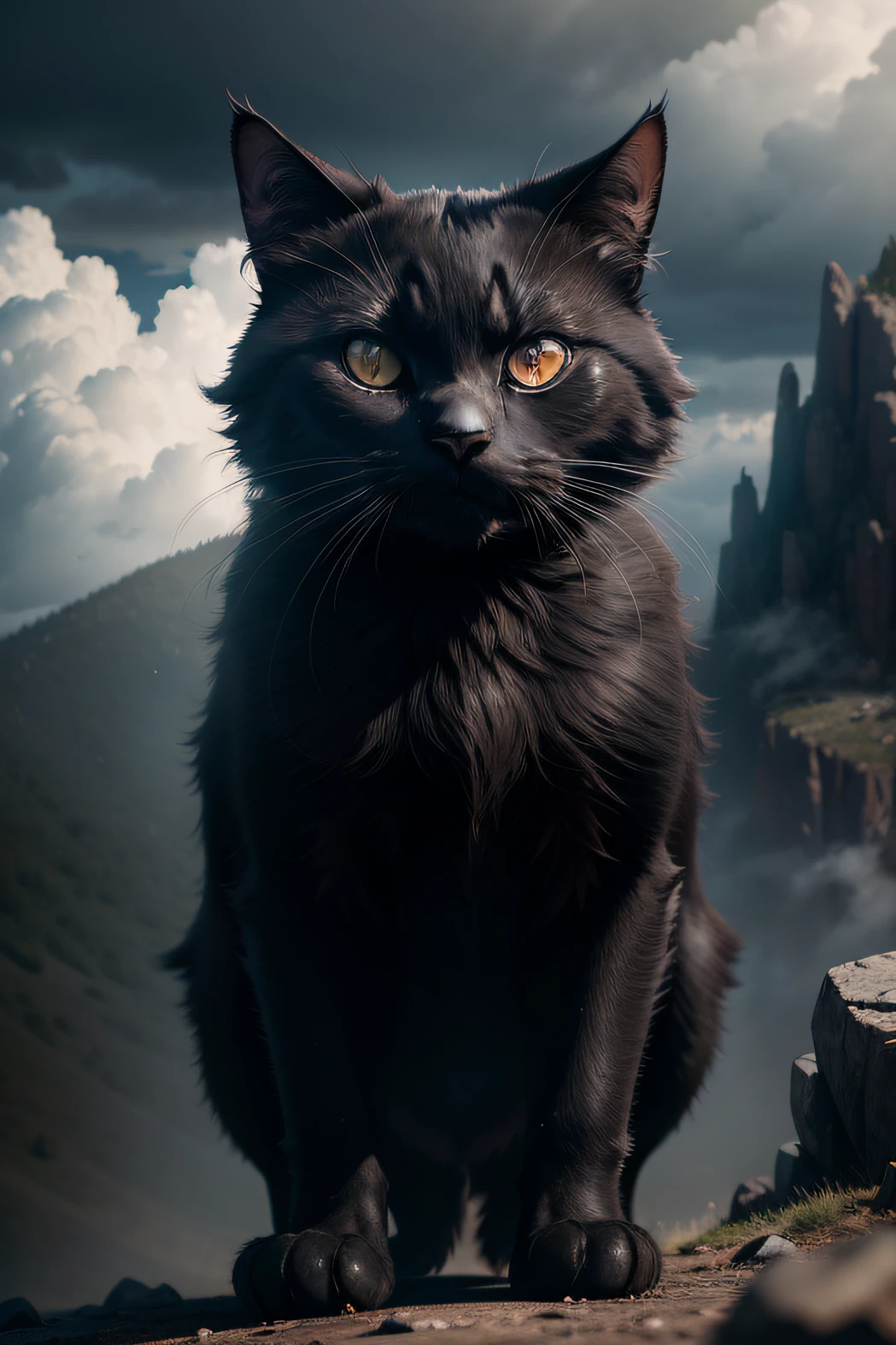 black cat, angry face, standing on the mountain in clouds natural light, photorealism, cinematic rendering, ray tracing, the highest quality, the highest detail, Cinematic, Third-Person View, Blur Effect, Long Exposure, 8K, Ultra-HD, Natural Lighting, Moody Lighting, Cinematic Lighting