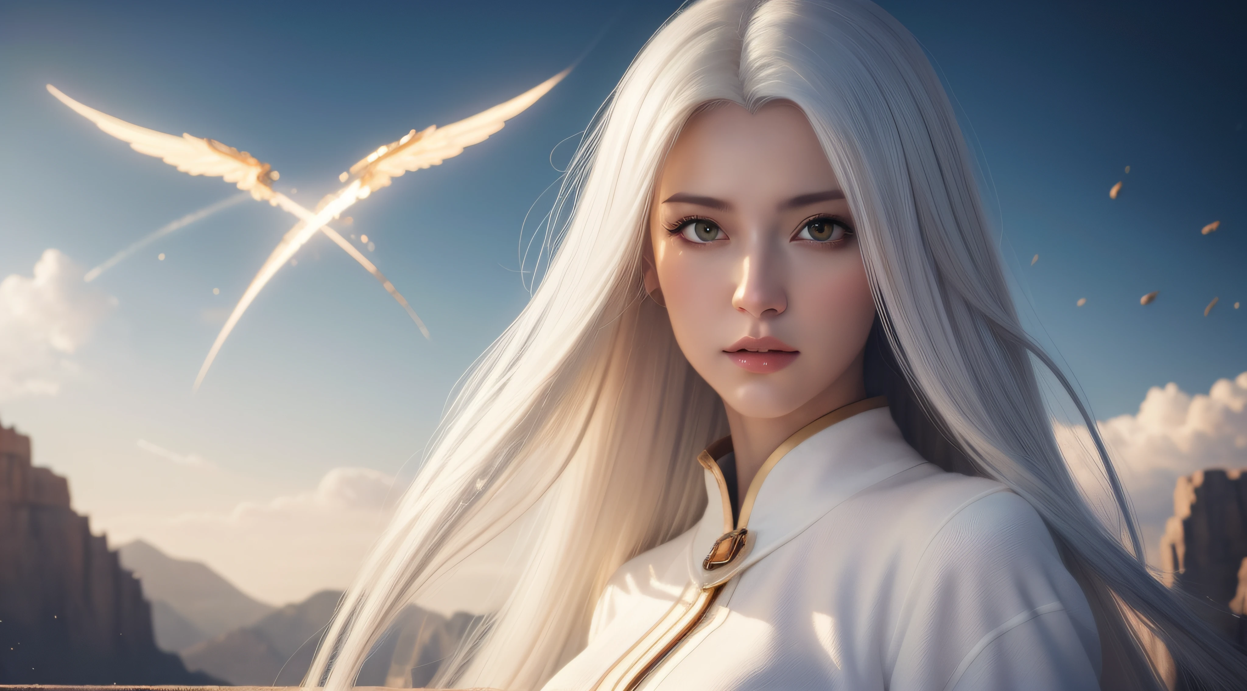 illustration by wlop, oil painting, heaven background, 1girl, fighting_stance, white hair, golden eyes, long hair, halo, angel wings, serene expression, looking at viewer, pixiv, masterpiece, best quality, extremely detailed, 8k