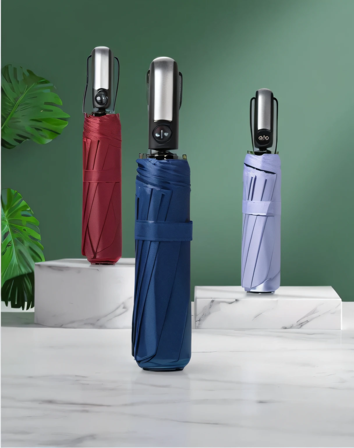Three umbrellas on the table,In the background is a plant, Umbrellas, Multiple colors, Various colors, sleek waterproof design, 3 colors, Umbrella, Different colors, sleek cool waterproof design, Wide range of colors, dramatic shadow, detalhe poderoso, detailed with high quality, Solid color material, colorful umbrella, 3 colors, an umbrella top, solidcolor, Striking features