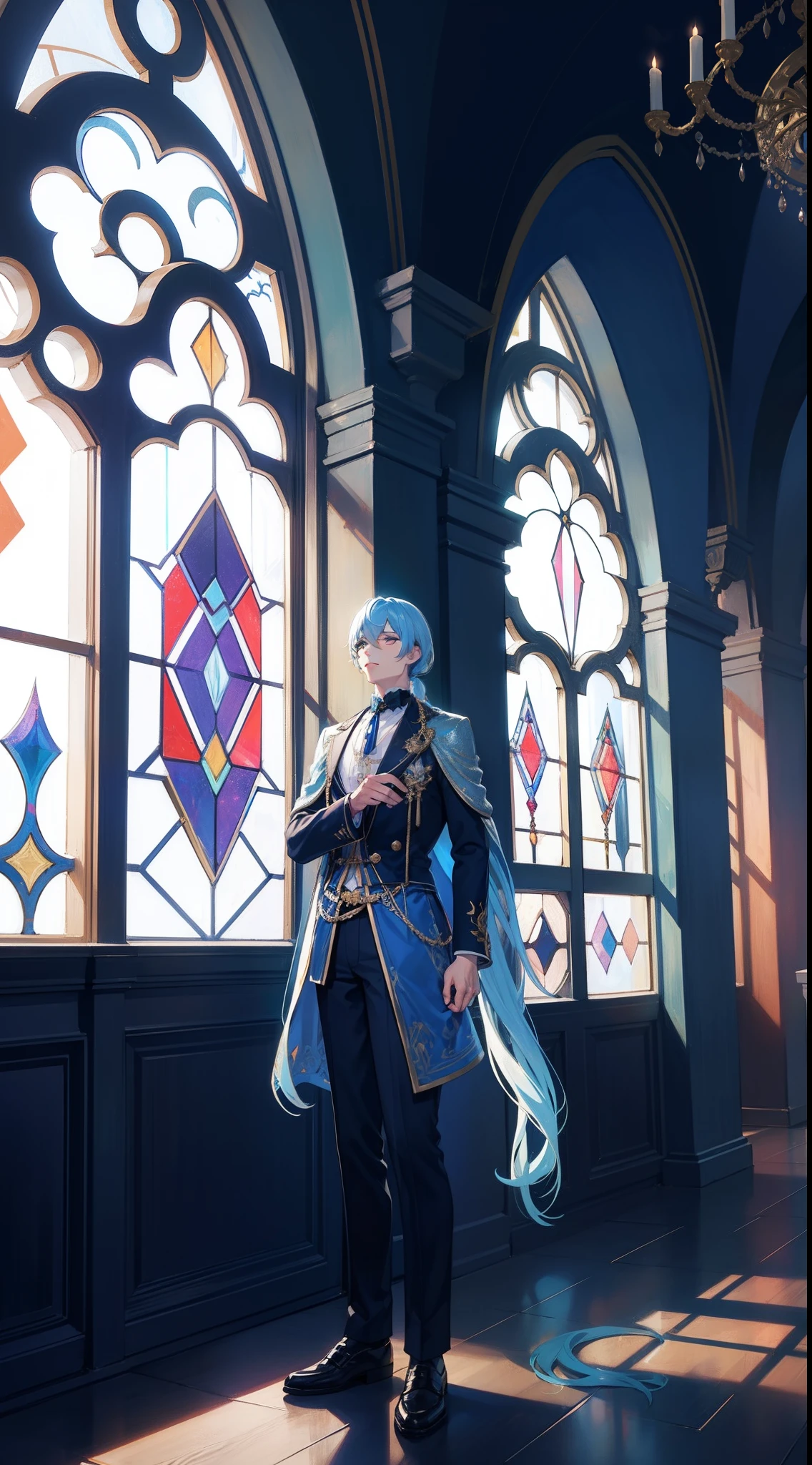 Young man standing in front of stained glass, an animated character, Long light blue hair, Adonis, Beautiful Boys, High Ponytail, Purple eyes, magic school uniform, high-necked, Black feathers, Roses in hand, Provocative laughter, masutepiece, hiquality,, official illustrations, high-level image quality, invite, 魅惑的, full bodyesbian