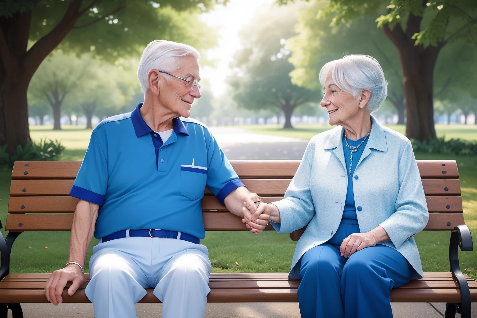 An elderly couple with silver hair and matching sparkling blue eyes sits on a park bench, holding hands and sharing a tender moment, their faces reflecting love, devotion, and a lifetime of shared memories.