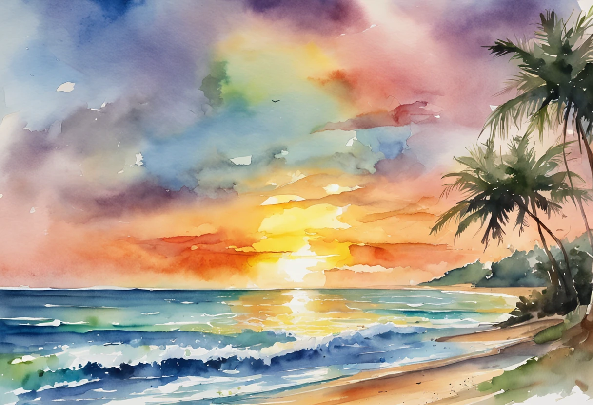 Pixar-style minimalist vector image of a beautiful tropical island sunrise, a secluded beach with small waves splashing softly on the beach, and an open view of a calm emerald ocean, the sun breaking the horizon with rays of rainbow colors softly permeating the sky