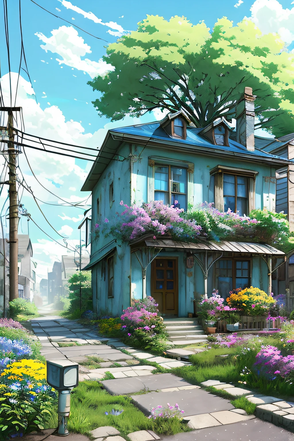 very cozy little place, hyper realism, (anime Makoto Shinkai:0.4), old shabby house in city street, home wiring, outdoors, sky, cloud, day, scenery, tree, blue sky, building, sign, wires, railing, wide shot, utility pole, town, wilderness, flowers, a lot of utensils lying around in a mess