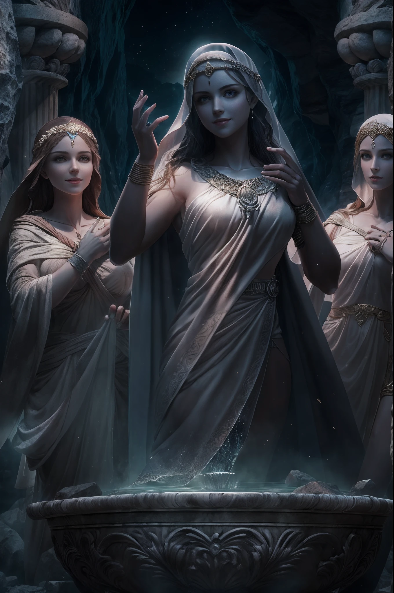 three greek goddess of fate, pale skinned, in dark robe and veil, smiling eerily, dark and stony cavern, fountain of night, Greek Mythology, ominous atmosphere, ultrra-accurate description of hands, photorealistic, super detail, masterpiece, best quality, highres, 8k