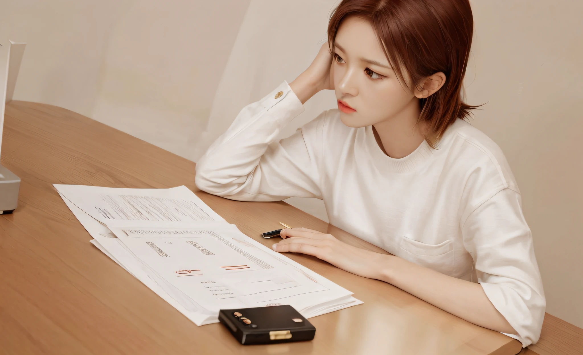 There was a woman sitting at the table，Keep calculators and documents，decor, promo shot, struggling, woman very tired, Photo portrait, worried, promotional still,