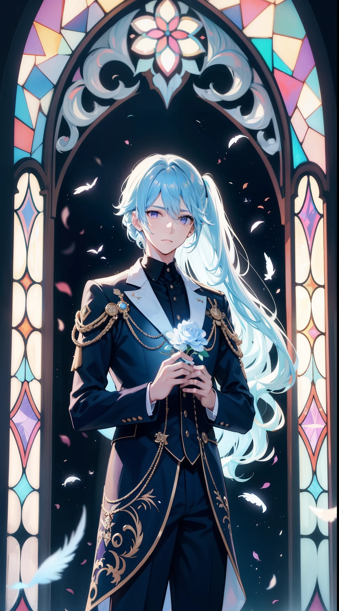 Young man standing in front of stained glass, an animated character, Long light blue hair, Adonis, Beautiful Boys, High Ponytail, Purple eyes, magic school uniform, high-necked, Black feathers, Roses in hand, Provocative laughter, masutepiece, hiquality,, official illustrations, high-level image quality, invite, 魅惑的, full bodyesbian