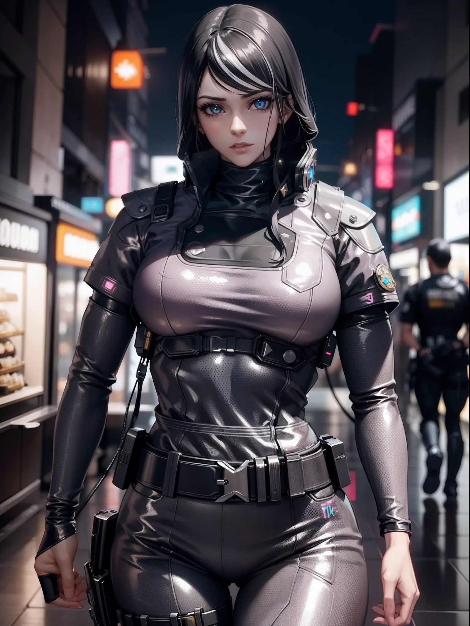 "Cyberpunk aesthetics, a mesmerizing girl adorned with gleaming metallic augmentations."