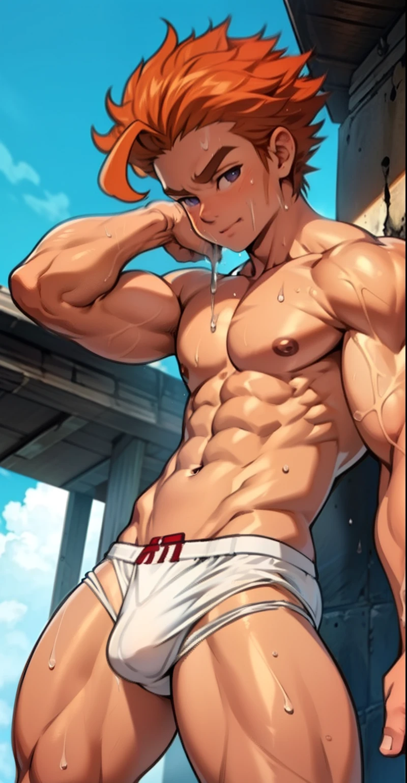 boy , topless , shirtless , cute baby face , solid body , muscular thighs with huge tendons , dripping sweat , wearing triangle panties , uts bulging due to body parts genitals, white un hands behind buttocks (photo angle fromup)