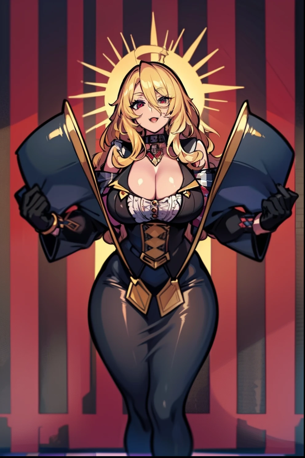masterpiece,(bestquality),highlydetailed,ultra-detailed, mature female, milf, mature, blonde hair, wavy hair with big curls, long hair, ample bosom, blindfolded, alluring, French woman, 1girl, argyle background, breasts, checkered background, checkered flag, checkered floor, checkered kimono, checkered legwear, checkered scarf, checkered shirt, checkered skirt, chess piece, choker, cleavage, flag, gloves, holding flag, large breasts, lipstick, long hair, makeup, race queen, red background, red sky, rising sun, soccer ball, solo, sun, sunburst, sunset