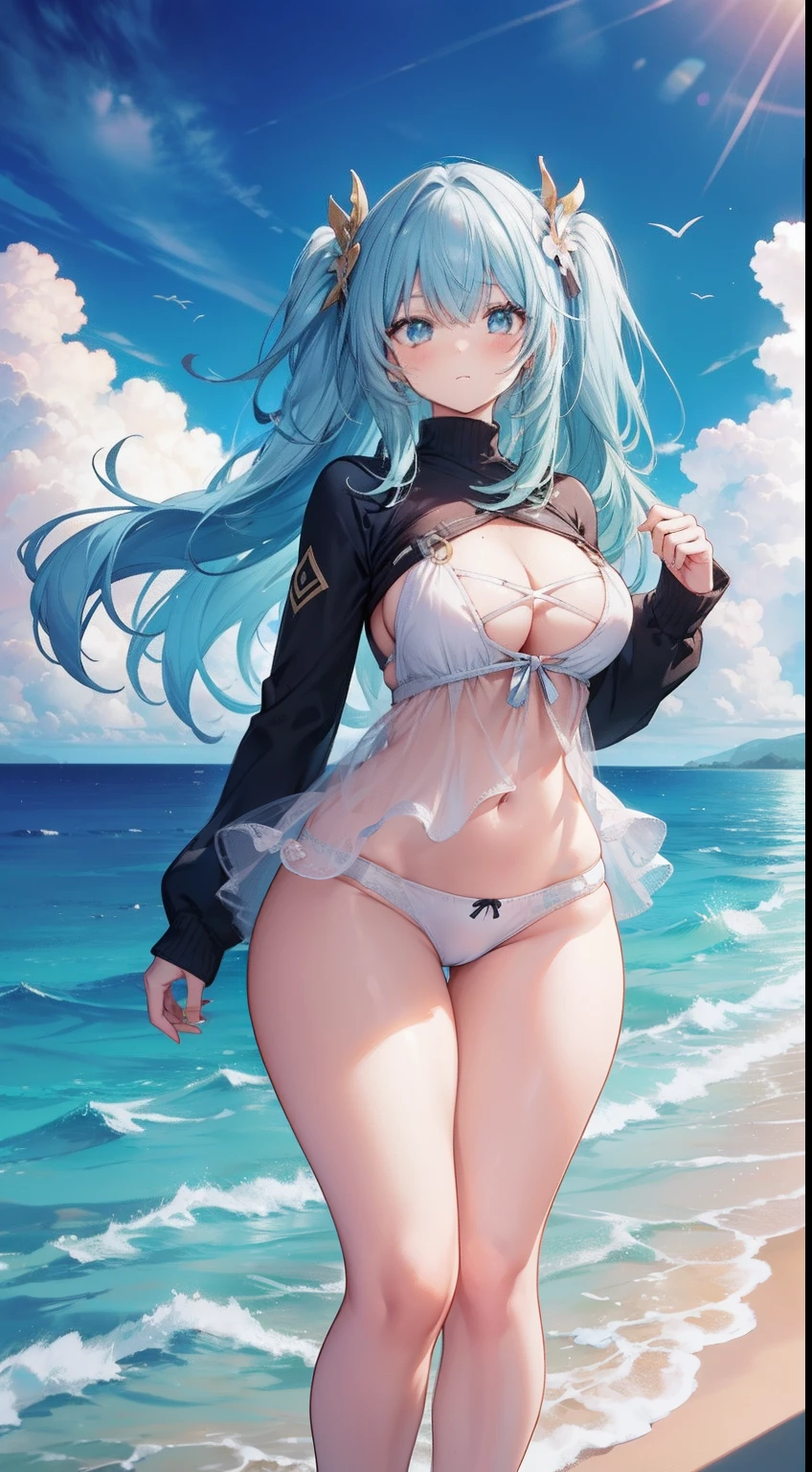 1girl, cetus, coda, ocean, big chest, thick legs, thick thighs