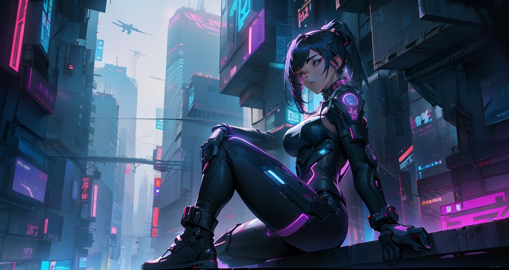 Cyber girl sitting on a ledge in the city at night。Cyberpunk anime art envelops her as digital worlds intersect。Modern cyberpunk art style illuminated by neon lights、It depicts a fusion of an anime girl and a mecha.。This art with a cyberpunk theme is、Feel like a dreamy future。With the scenery of a cyberpunk city lined with skyscrapers、Her presence is enchanting,、It seems to be wrapped in a mysterious magic。