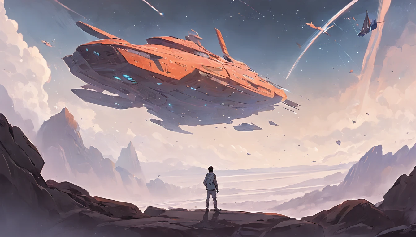 Drawing of a man standing on a rock and a spaceship flying over a rocky ground, inspired by sparth, Epic spaceship scene, sparth style, Spacecraft flies far, Star Citizen Digital Art, sci - fi illustrations, sci-fi illustration, detailed sci-fi art, In the sky spaceship, Spaceship in cloudy sky