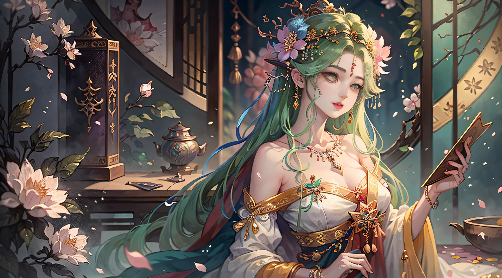 Original，（illustratio：1.1），（best qualtiy），（tmasterpiece：1.1），（the Extremely Detailed CG Unity 8K Wallpapers），（a color：1.2），Plum blossom god，goddes，ancient costume，jewely，Plum petals，scenecy，rios|Wagas，