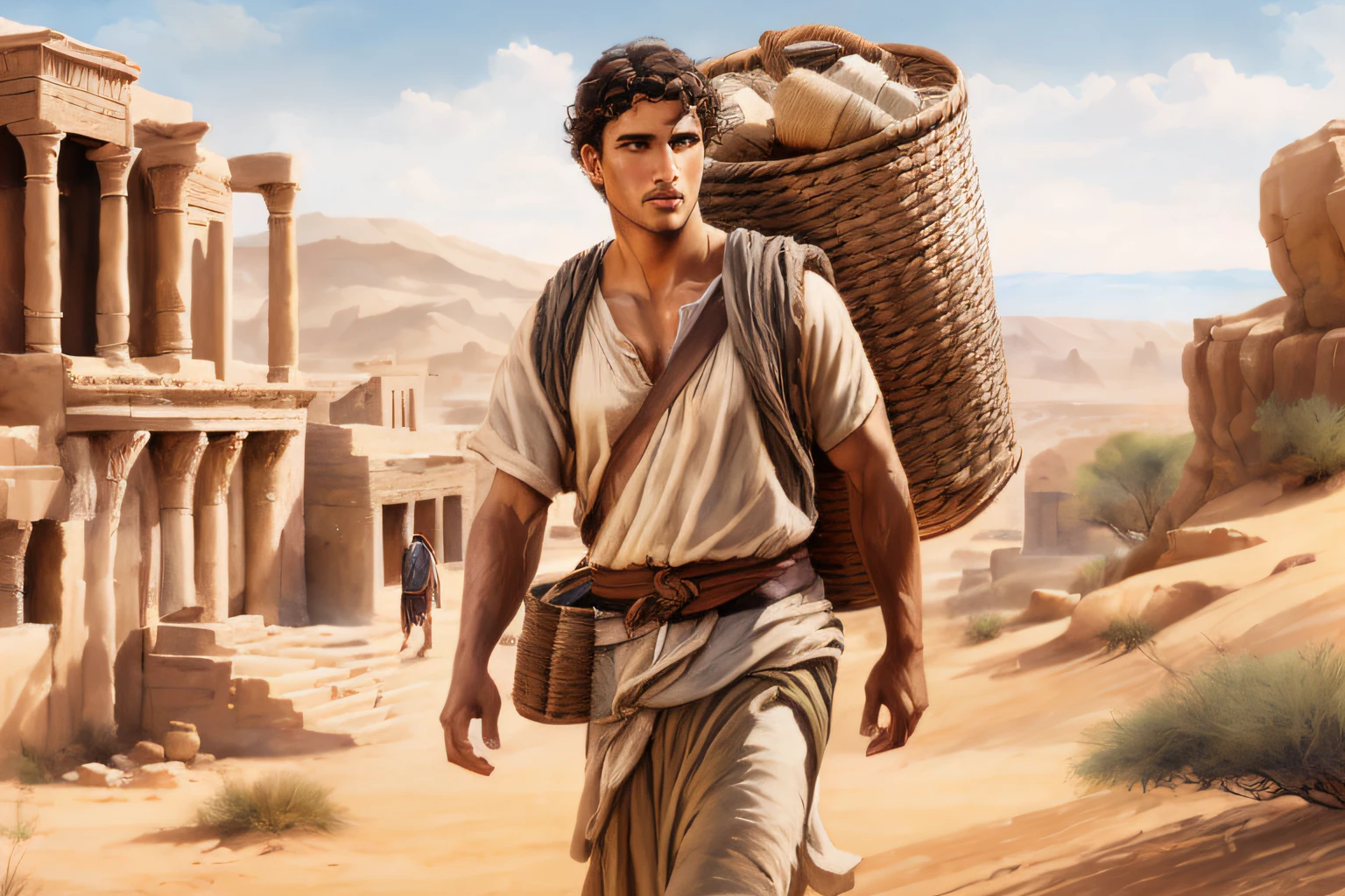 painting of a man walking in the desert carrying a basket, by Juan O'Gorman, greek myth digital painting, by Jason Felix, portrait of bedouin d&d, ancient rome man, young greek man, peter, by Joseph Henderson, biblical clothing, epic full color illustration, by Aleksander Gine, by John Atherton, by Wayne England