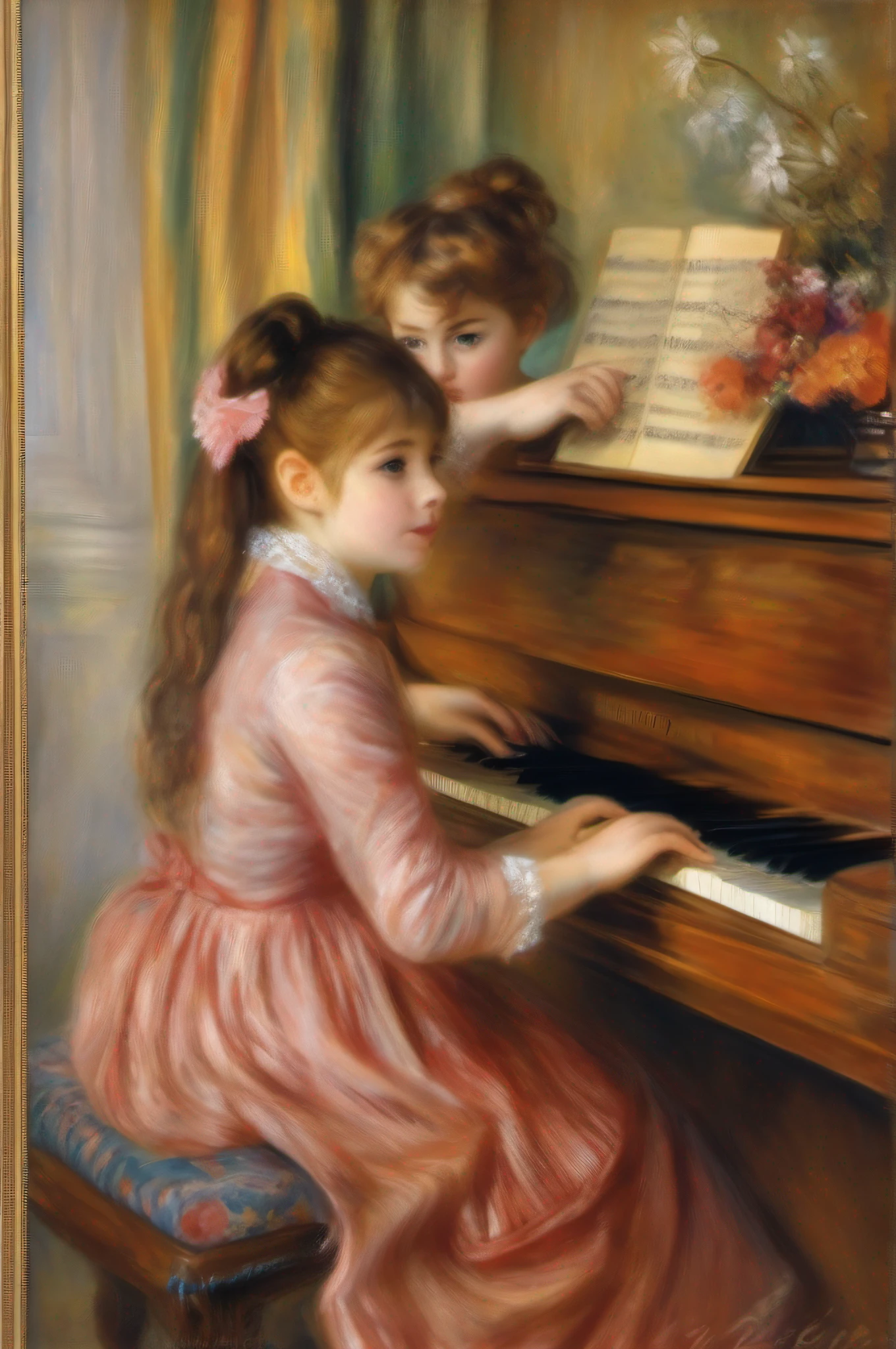 painting of two young girls playing the piano together, in the painting style of renoir, by Pierre Roland Renoir, by Pierre-Auguste Renoir, by Renoir, inspired by Pierre-Auguste Renoir, painting in the style of renoir, pierre - auguste renoir, inspired by Pierre Roland Renoir, inspired by Renoir
