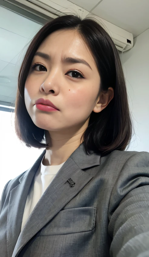 masterpiece,best quality, (1 milf), ((close up:0.5)), glare, gray blazer, white shirt, double eyelid, eyelash, lip gloss, (angry face:1.5), ((close eyes:0.85)), ((Straight Looking at Viewer)), ((Looking at Viewer)), RAW, (from below:1), ((nobody)), office,