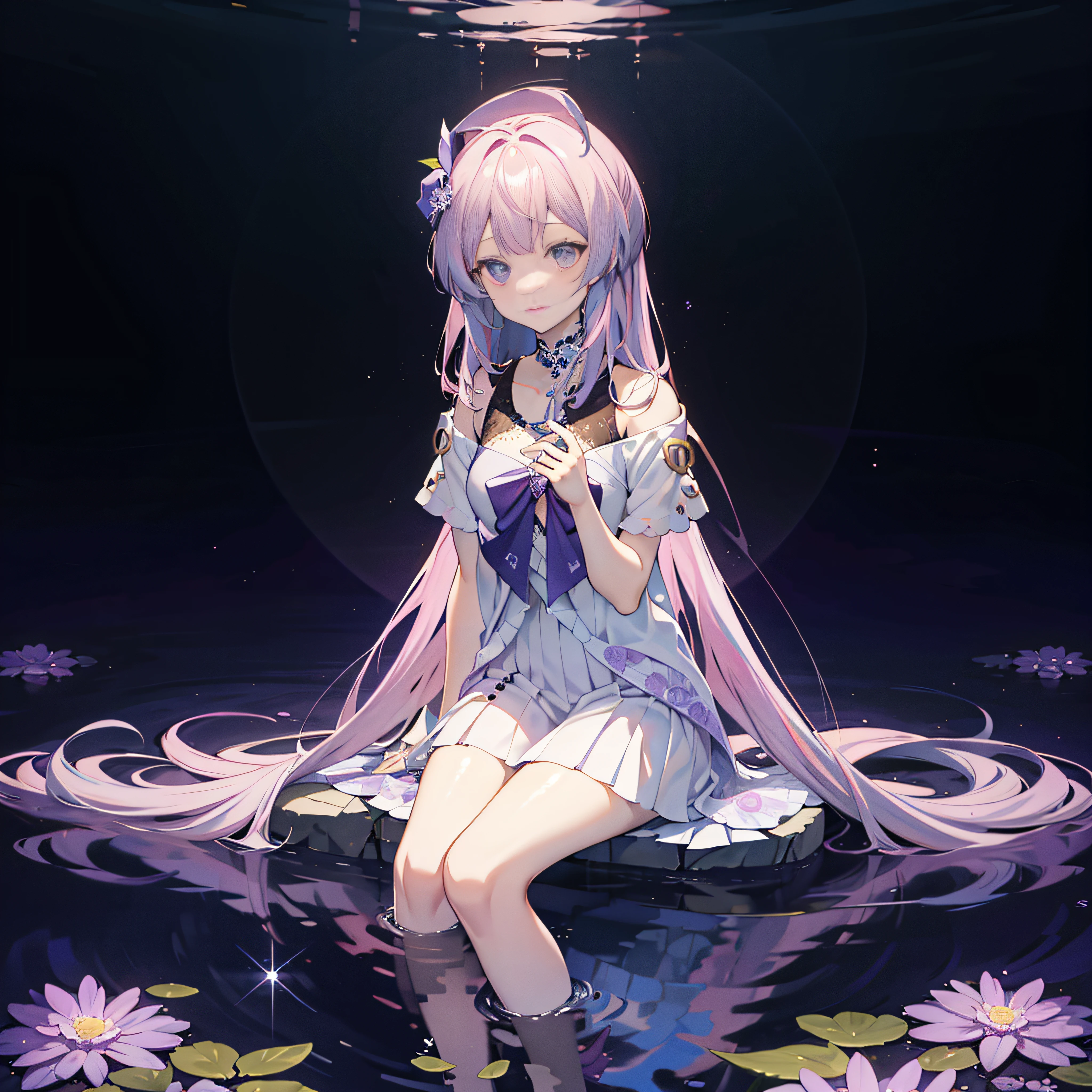 purple flower pattern white background, sitting in the middle, casual outfit, inside in the circle in the middle, long hair, water reflection,