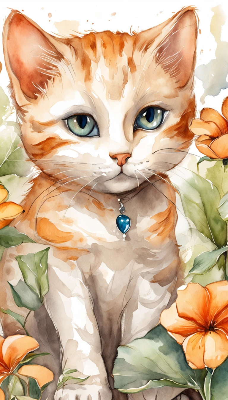 Garden cat,Under the sun,Warm orange hair,Detailed sketch style,Close up focusing on cat's eye,Mao's eyes are painted with a jewel-like material,Add cat purr,It's a warm and peaceful sight...