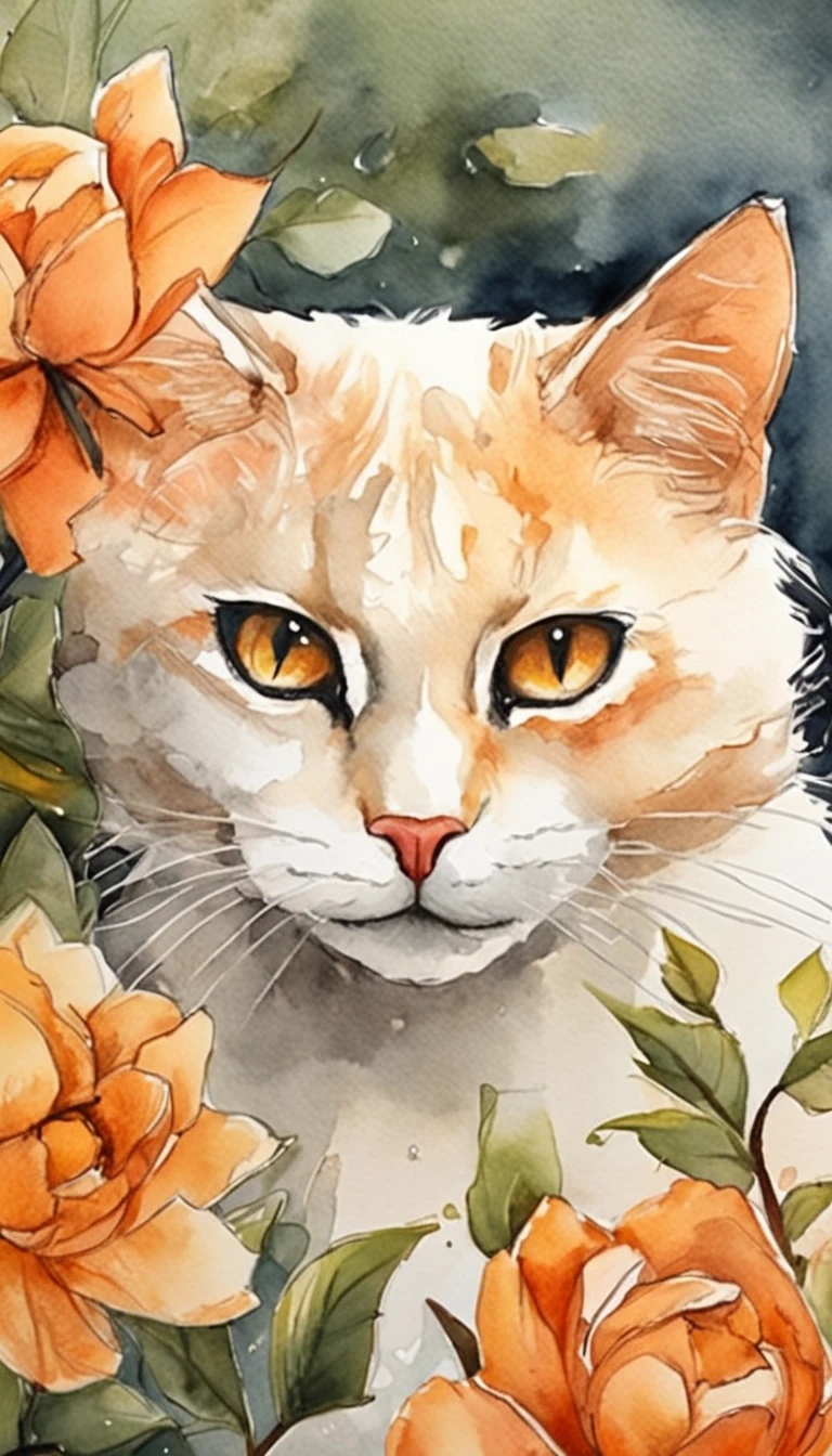 Garden cat,Under the sun,Warm orange hair,Detailed sketch style,Close up focusing on cat's eye,Mao's eyes are painted with a jewel-like material,Add cat purr,It's a warm and peaceful sight...