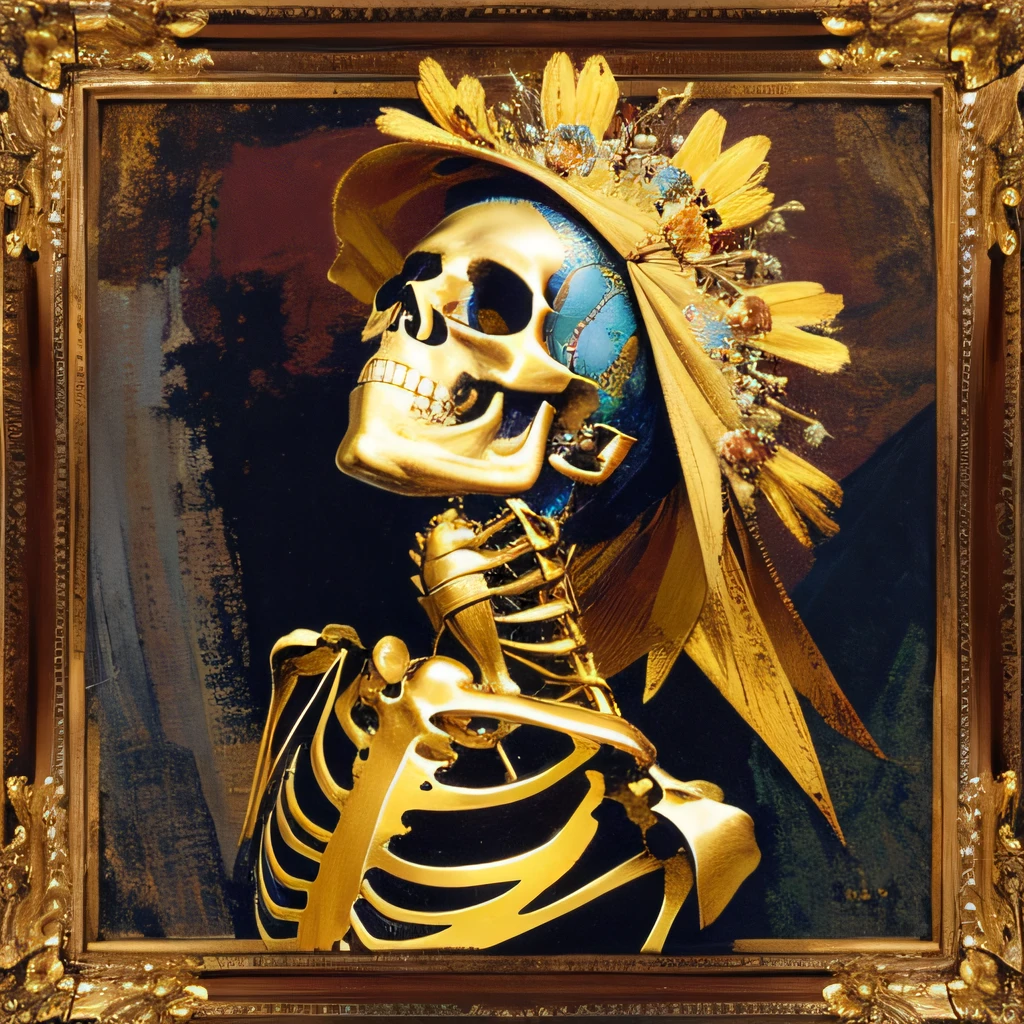 Skeleton rust wind，Wear thick gold-framed reflective sunglasses，32K（tmasterpiece，k hd，hyper HD，32K）Light chrysanthemum flowing hair，Silver skull jewelry area in the cave，Indigo Skull King ，ice hockey（The skeleton is realistic：1.4），Skull pattern robe，Silver skull light blue ornament，Petals flutter，The background of autumn is pure，Hold your head high，Be proud，The nostrils look at people， A high resolution， the detail， RAW photogr， Sharp Re， Nikon D850 Film Stock Photo by Jefferies Lee 4 Kodak Portra 400 Camera F1.6 shots, Rich colors, ultra-realistic vivid textures, Dramatic lighting, Unreal Engine Art Station Trend, cinestir 800，Hold your head high，Be proud，The nostrils look at people，Tsundere，Petals flutter，Petals flutter，Sprinkle with gold dust，Fluttering，Impeccable，( reasonable design, Clear lines, High sharpness,Best quality, Very detailed skeleton, The skeleton of a masterpiece, offcial art, movie light effect, 16K skeleton（（（Wear thick gold-framed reflective sunglasses）））