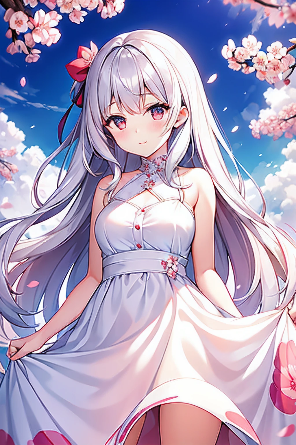 "Cherry blossom-themed, perfect day, 1 girl in a stunning white dress with long hair, showcasing the best quality, crystal-clear face, and captivating eyes."