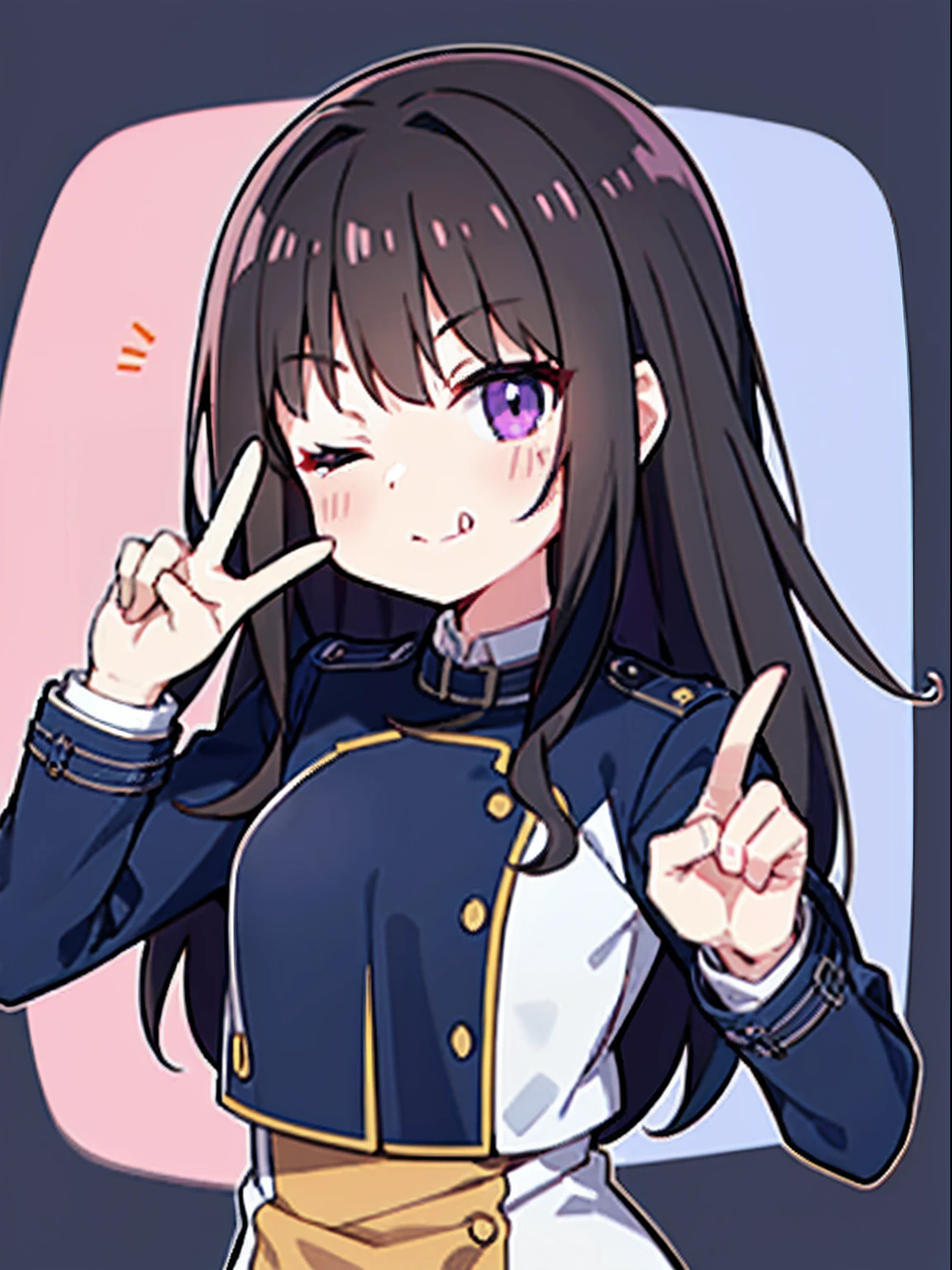 Takina Inoue, black hair, purple eyes, Takina Inoue uniform, bandage on cheek, white bandage, winking, wink, one eye closed, one hand peace sign, peace sign, peace sign hovering over eye, peace sign covering closed eye, victory, victory pose, sideways peace sign, index and middle finger