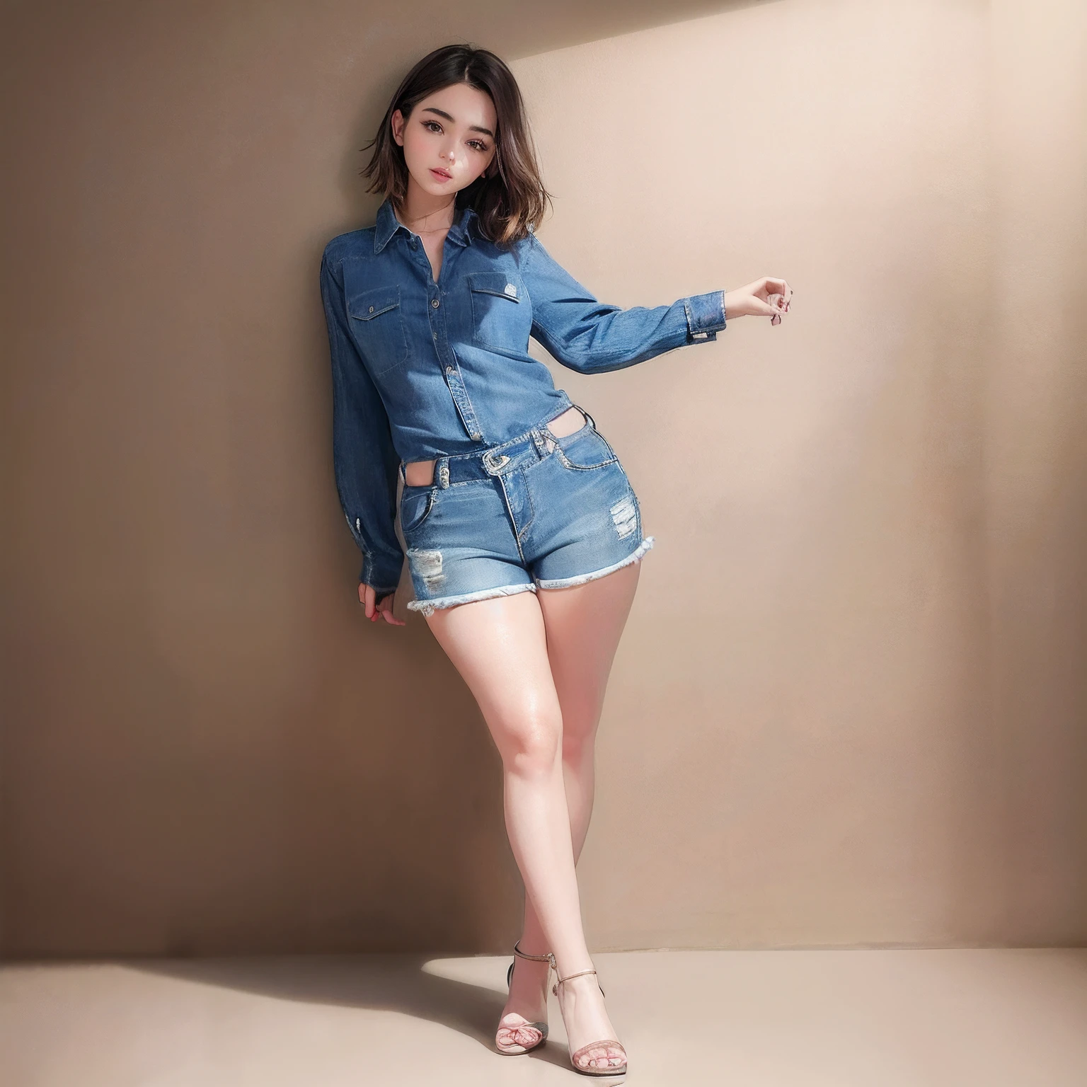 araffe woman in a denim shirt and shorts posing for a picture, korean women's fashion model, Casual pose, Lily Collins, hq artwork, denim hot-pants, promotional render, advertisement picture, wearing a shirt and a jean, Lily Collins, Waist high, photoshoot poses, power pose, lucy hale, Fashion model pose, Sexy pose, Fashion pose