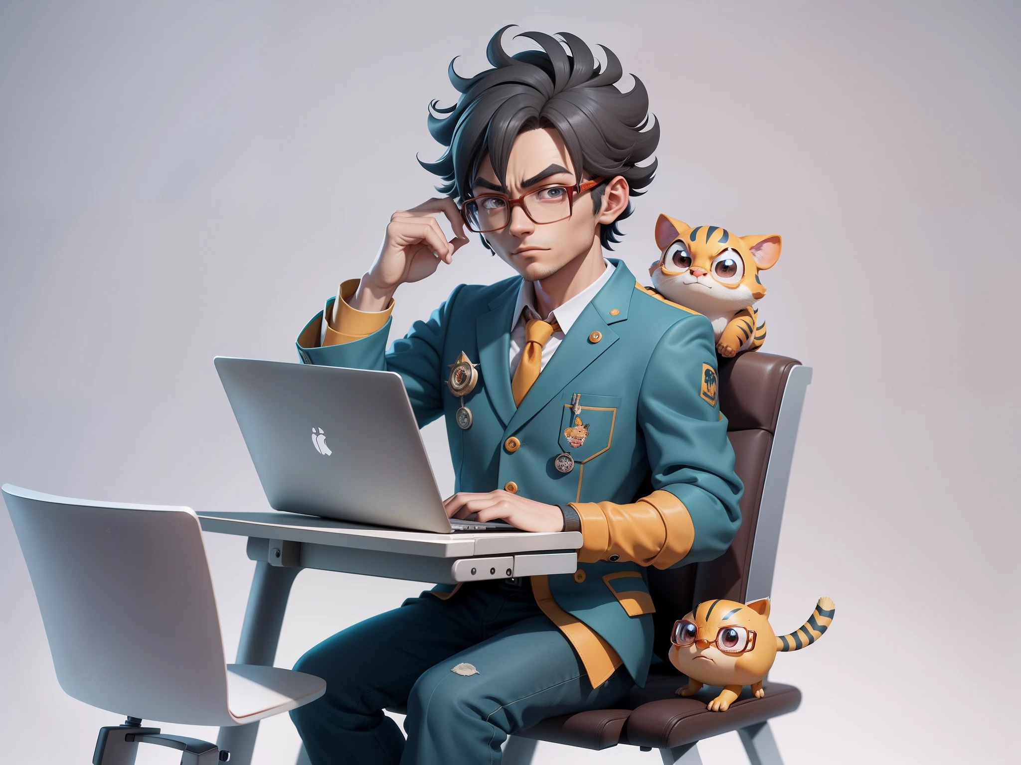 A young man in a suit, Short hair and glasses sat at his desk,holding laptop,digitial painting,tigre,3D character design by Mark Clairen and Pixar and Hayao Miyazaki and Akira Toriyama,4K HD illustration,Very detailed facial features and cartoon-style visuals。