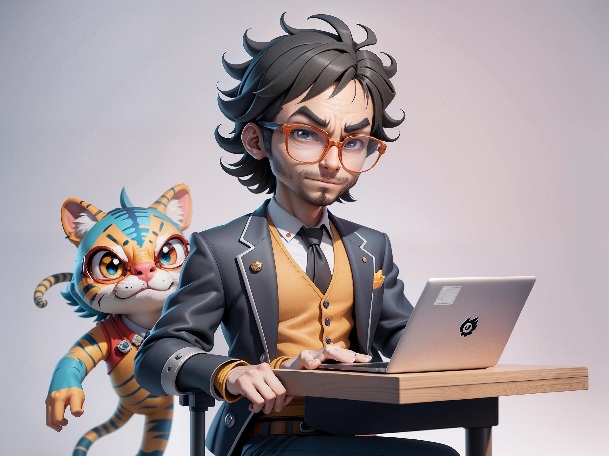 A young man in a suit, Short hair and glasses sat at his desk，holding laptop，digitial painting，tigre，3D character design by Mark Clairen and Pixar and Hayao Miyazaki and Akira Toriyama，4K HD illustration，Very detailed facial features and cartoon-style visuals。