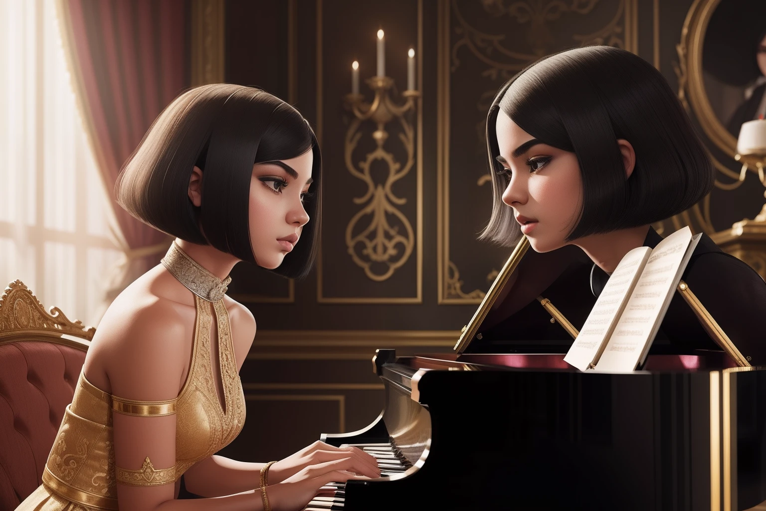 In an ornate drawing room, a ager with a chic platinum bob passionately plays a grand piano, their face filled with intensity and a deep connection to the music, accented by dramatic eyeliner.