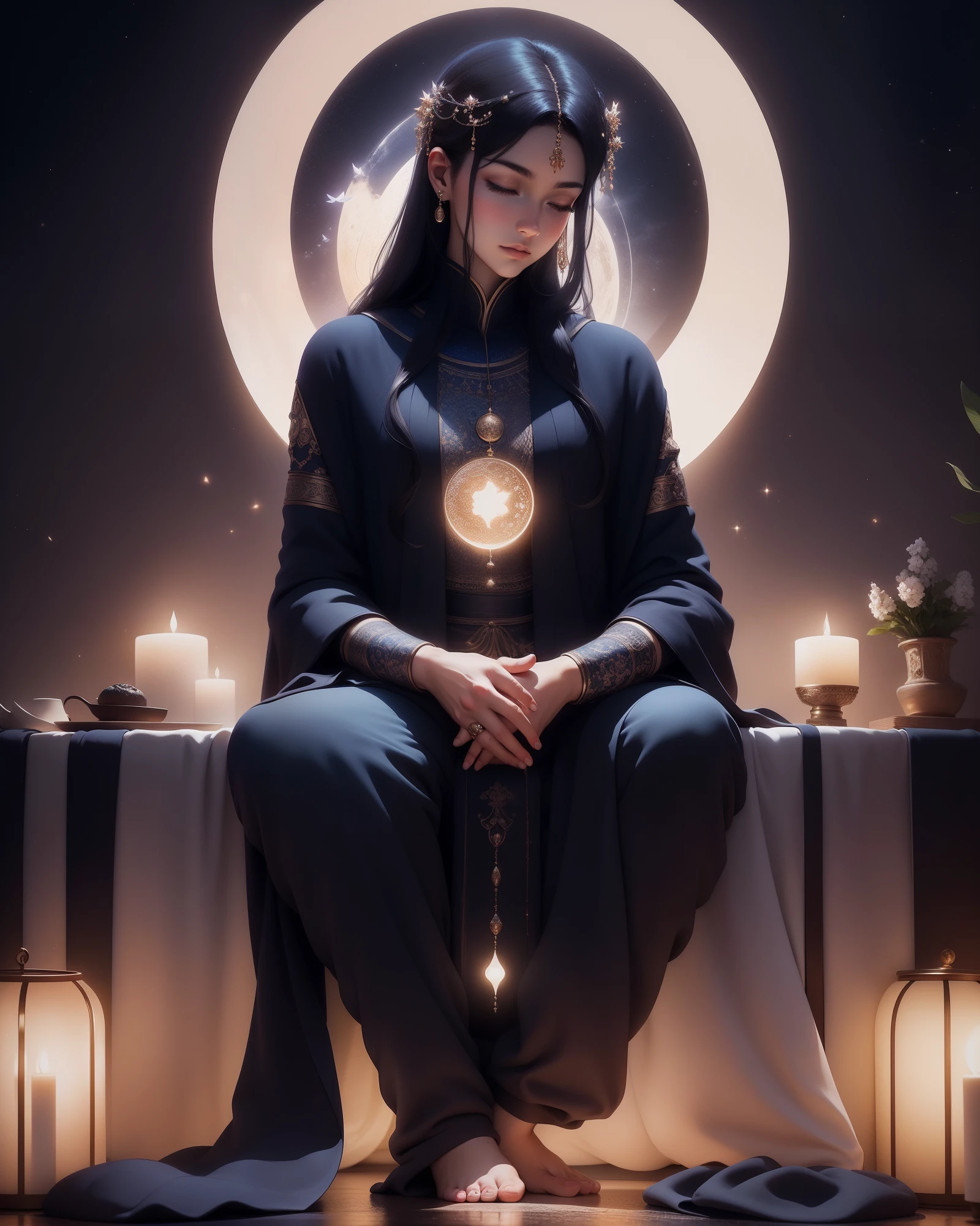 Masterpiece, wide angle shot, full body, A digitally painted portrait of a person with his eyes closed, head tilted up towards a glowing full moon. The moonlight casts a tranquil blue hue onto the serene face of the person, highlighting their expression of inner stillness and zen. Stars twinkle softly in the background night sky. The landscape around is quiet, with a lake reflecting the moonlight near where the person sits peacefully in a lotus pose. Their hands rest on their knees, face portraying a deep sense of meditation and calm. The overall mood of the image is soothing, luminous and centered, like the inner peace the subject feels inside is radiating outwards under the meditative moonlight. The style is atmospheric, elegant and soothing.