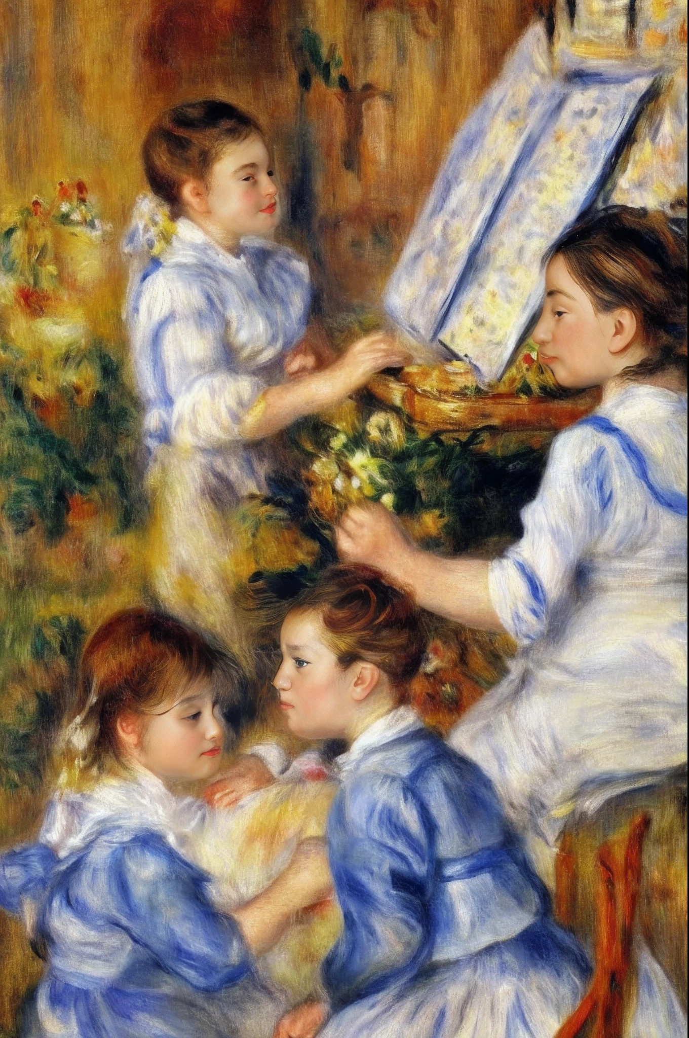 painting of two young girls playing the piano together, in the painting style of renoir, by Pierre Roland Renoir, by Pierre-Auguste Renoir, by Renoir, inspired by Pierre-Auguste Renoir, painting in the style of renoir, pierre - auguste renoir, inspired by Pierre Roland Renoir, inspired by Renoir