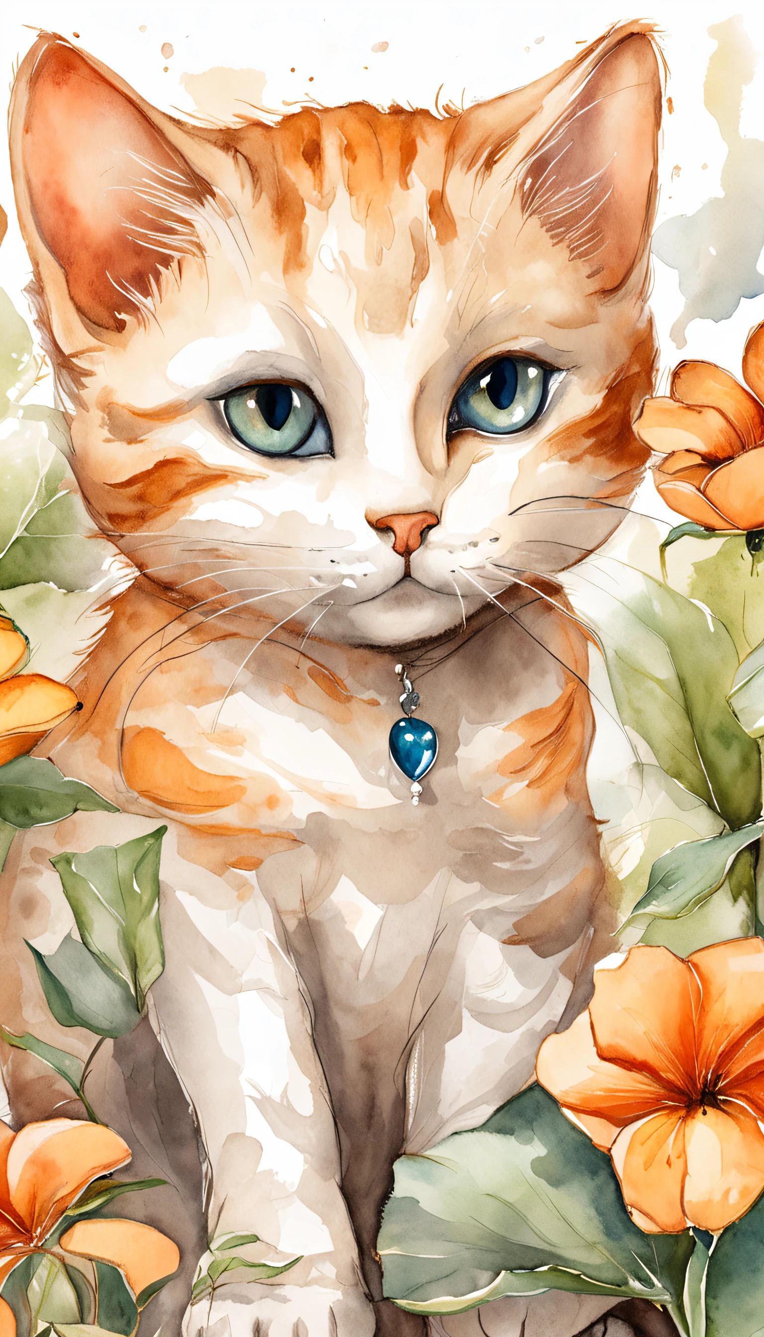 Garden cat，Under the sun，Warm orange hair，Detailed sketch style，Close up focusing on cat's eye，Mao's eyes are painted with a jewel-like material，Add cat purr，It's a warm and peaceful sight...