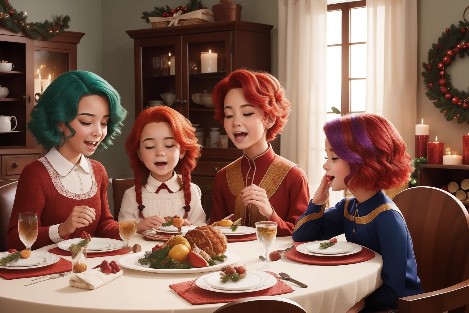 A family gathers around a beautifully set holiday dinner table, each member with their unique hair colors and styles, their faces reflecting a range of emotions from joy and gratitude to a touch of sibling rivalry.